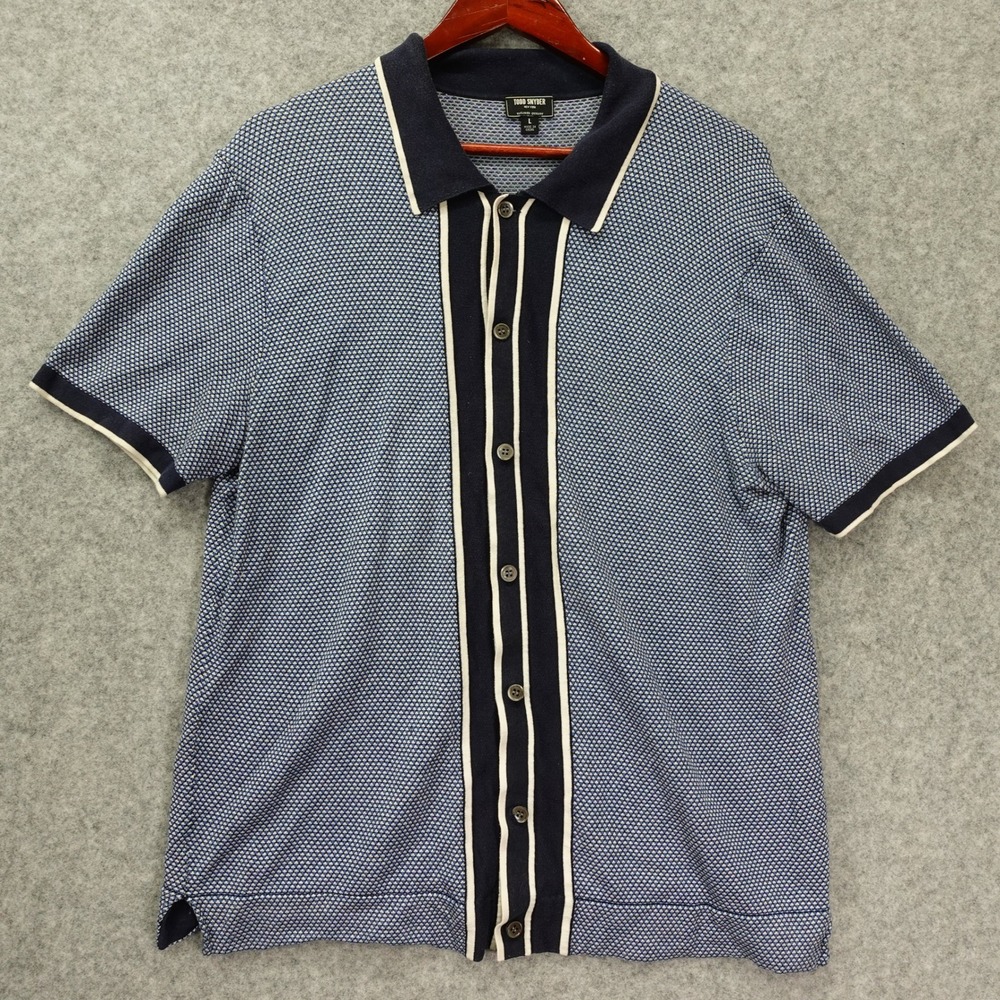 Todd Snyder Mens Silk Cotton Knit Polo Shirt L Navy Birdseye Camp Collar Preppy